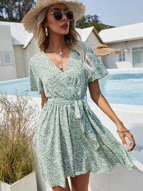 Shein All Over Floral Print Surplice Neck Belted Dress Mint Green